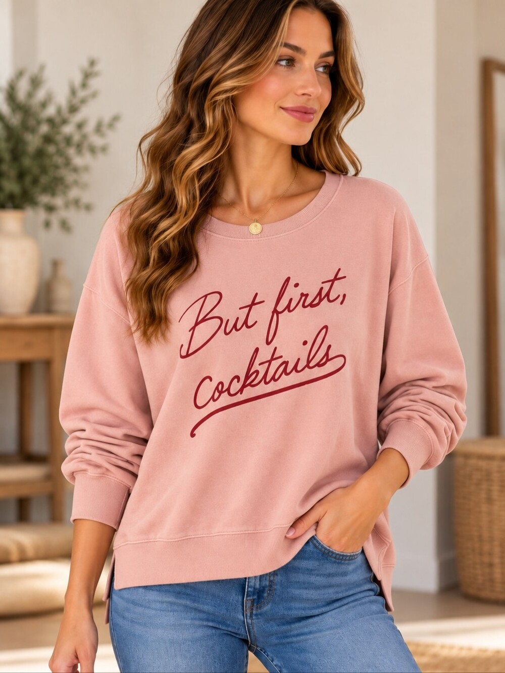 587.Wild Fox Graphic Pullover Sweatshirt - "But First, Cocktails"
